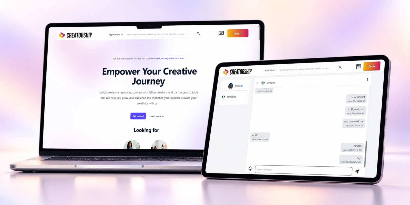 Creatorships home and chat screens on laptop and tablet