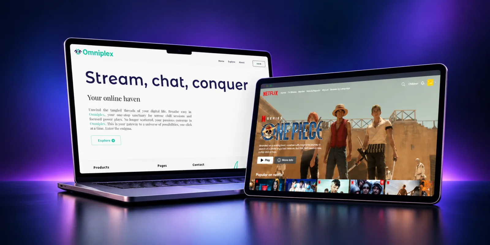 Omniplex home and streaming screens on laptop and tablet