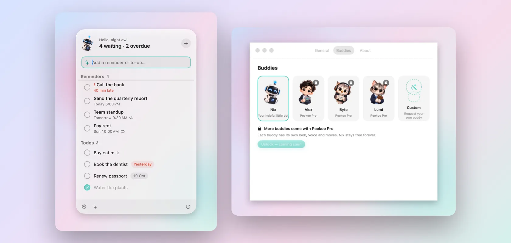 Peekoo menu-bar panel and buddies